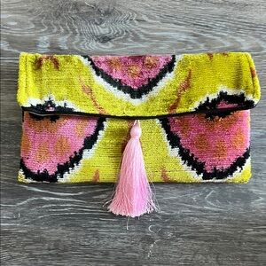 Pink & Yellow Tassel Foldover Clutch